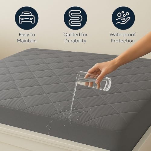 Image of Kitten Bite100% Waterproof Quilted Mattress Protector King Size, Elastic Fitted Soft 100% Cotton Quilted Bed Cover Protects from Dust & Mites (72x78 inches, Grey)