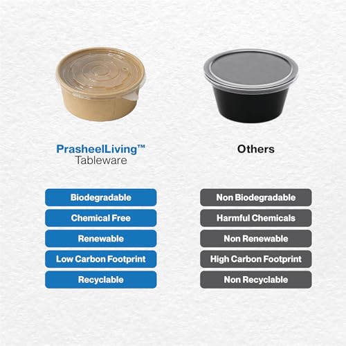 Image of PRASHEEL Living 750ml Disposable Round Kraft Paper Bowl with Lid | Takeout Containers for Hot /Cold Foods, Salad, Dessert, Soup, Noodles | Leak-Proof, Microwaveable Food Storage Containers, 10 Pack
