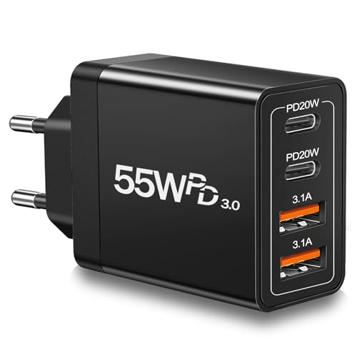 European USB C Charger 55W European Travel Plug Adapter 4-Port USB C Fast Charging Block US to Europe Plug Adapter Type C Power Adaptor for iPhone 17 16 15 14 13 12 11 Pro Max X 8 Galaxy Android