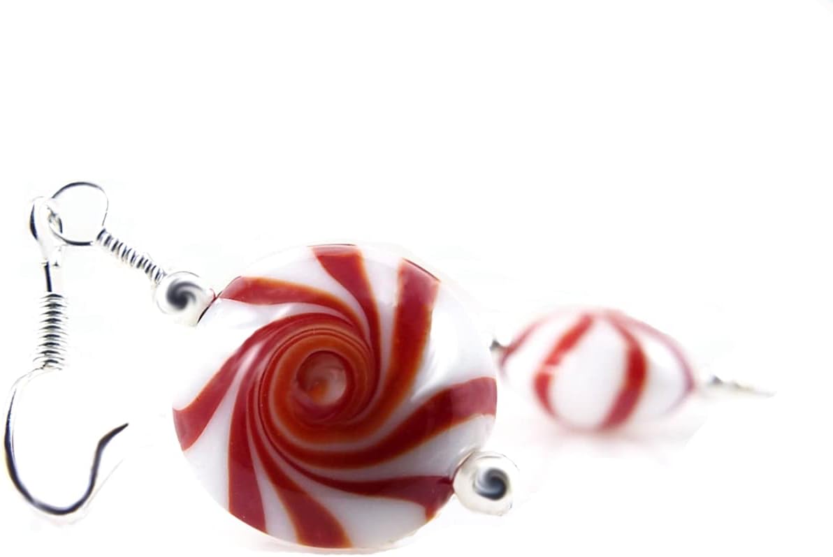 Peppermint Starlight Mint Candy Red Swirl Lampwork Glass Dangle Earrings for Christmas with Sterling Silver Ear Wires