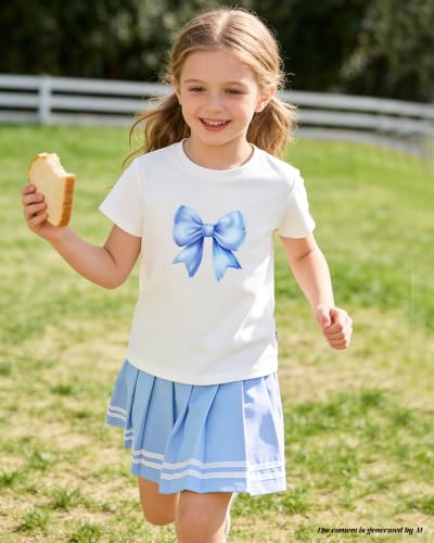 Image of Betusline Girls Skirt Set JK School Uniform 2-Piece Outfit - Short Sleeve & Webbing Solid Skirt,Bow Blue,4-5T = Tag 120