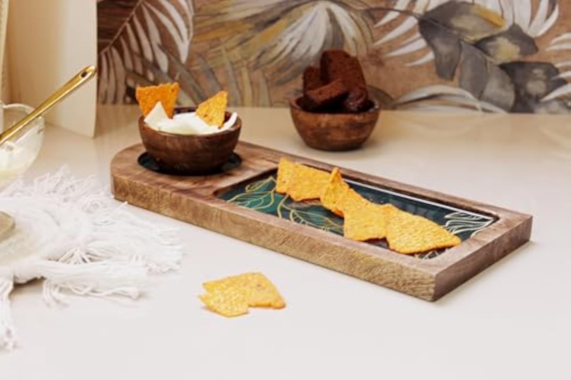 Leafy Gleam Rectangular Tray with Bowl, Serving Platter