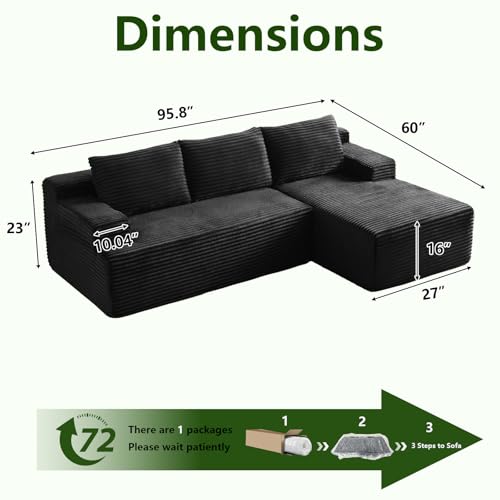 Image of 96 inch Modular Sectional Sofa, Modern Corduroy Cloud Couch with Side Pockets, Boneless Couch Upholstered 3-Seater L-Shaped Sofa for Living Room, No Assembly Required (Black, Right-Facing Chaise)