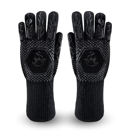 Yilgviza BBQ Oven Gloves, 1472℉/800 ℃ A Pair Silicone Grilling Gloves Heat Resistant Non-Slip Cooking Gloves for Barbecue, Cooking, Baking, Cutting (Black)