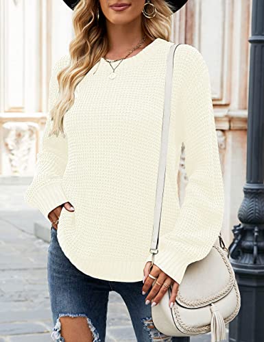 Image of MEROKEETY Women's Fall Long Sleeve Waffle Knit Oversized Sweater | Fall Fashion, Crew Neck, Tunic, Dressy Casual, Trendy, Cute, Pullover Tops, Long Lantern Sleeves, Loose Fit, Drop Shoulder