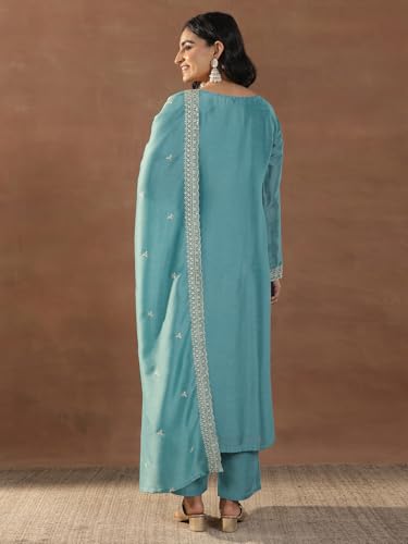 Image of Libas Embroidered Silk Blend Straight Kurta With Trouser and Dupatta