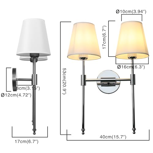 Image of PERMO Classic Double Sconce Chrome 2 Lights Wall Sconce Rustic Wall Mount Lighting Fixture with Flared White Textile Lamp Shade