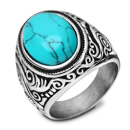 MYNENEY Retro Vintage Stone Rings for Men Turquoise Rings Stainless Steel Signet Biker Band