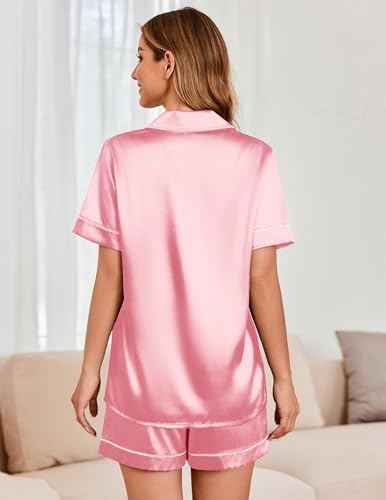 Image of Ekouaer Womens Satin Silk 2 Piece Pajamas Set Short Sleeve Sleepwear | Button Down Top and Shorts Loungewear Set for Sleep, Home, Wedding, Travel, Party, Daily Wear & Great for Sharing