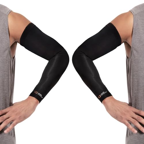 Image of Copper Compression Arm Sleeve - Copper Infused Full Arm Brace for Forearm, Bicep, Triceps - Tennis Elbow, Basketball, Golf, Arthritis, Tendonitis, Bursitis, Post Surgery Rehab - Odor Resistant - Black - XL