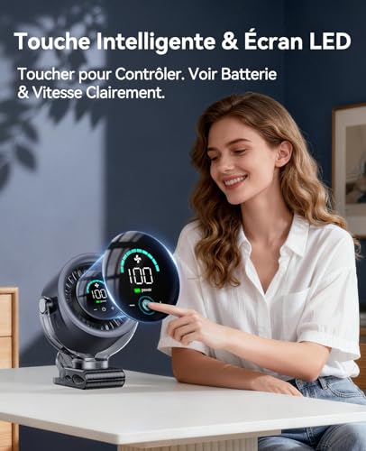 Ventilateur à pince KIMMOO mini ventilateur de table USB autonome écran LED noir