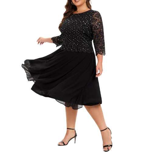 Women's Plus Size Tea Length Sequin Lace Dress Mother Gifts Special Occasion Wedding Party Dresses4