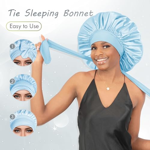 Image of BONNET QUEEN Satin Bonnet Silk Bonnet for Sleeping Women Hair Wrap Night Sleep Cap Scarf Wrap for Curly Hair with Tie Band, Large, Light Blue