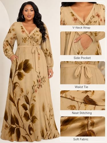 Image of PinkPatty Women's Long Sleeve Maxi Dress Plus Size Casual V Neck Wrap Dress with Pockets&Belt