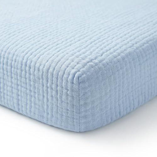 Image of Muslin Mini Crib Sheet (38 inchx24 inch), 100% Cotton Cover, Breathable & Soft Mattress Pad, Boho Blue for Boys(1 Pack)