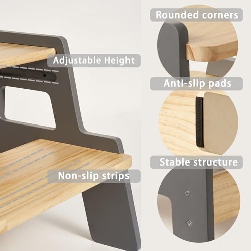 Image of Toddler Step Stool for Kids - Height Adjustable Non-Slip Wooden Step Stool for Bathroom Sink, Kitchen & Potty Training 2-Step - Grey