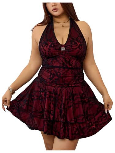 Image of BEAUDRM Women's Y2k Goth Mini Dress Grunge Punk V Neck Tie Back Halter Short Dresses Gothic Halloween Costumes