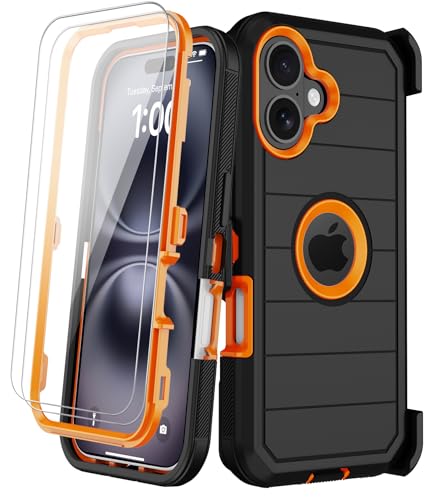 �x���g�N���b�v�z���X�^�[�t��iPhone 16 Plus�P�[�X�A2X�X�N���[���v���e�N�^�[�A���ϋv�ϏՌ������ی�~���^���[�O���[�h�O�w���őϋv���̂���g�ѓd�b�J�o�[�A�L�b�N�X�^���h�t��6.7�C���`(�u���b�N�I�����W)