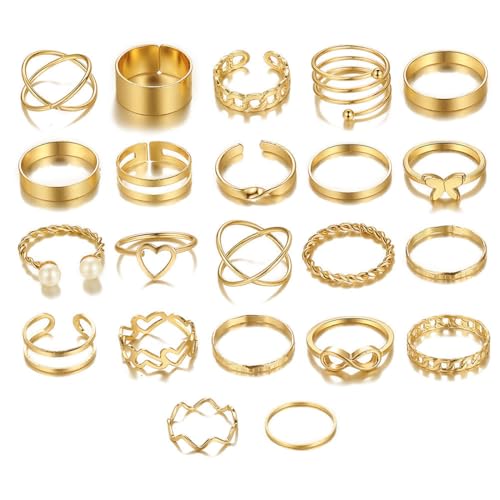 WUSJCOF 22 Piezas Anillos Ajustables, Anillos de Pulgar, Anillos de Dedo, Anillos Individuales, Anillos Abiertos Apilables para Mujeres y Chicas (Oro)
