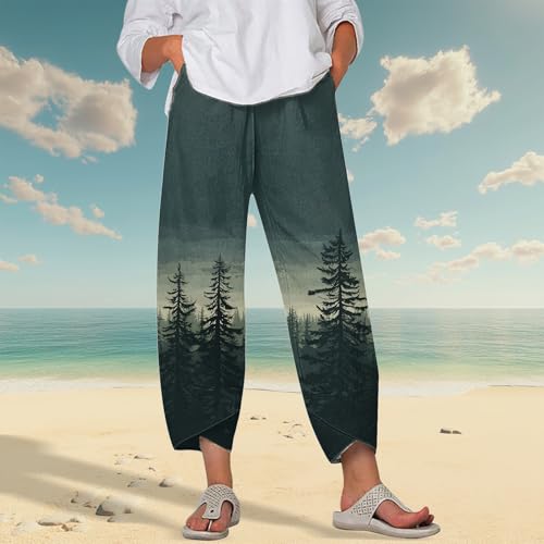 Image of DMOYALA Linen Pants for Women Summer Casual Wide Leg Capri Pants Loose Fit Palazzo Pants Cropped Beach Pants with Pockets