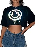 SweatyRocks Women's Casual Short Sleeve Round Neck Reflective Graphic Print Crop Top Tee Shirt Black L