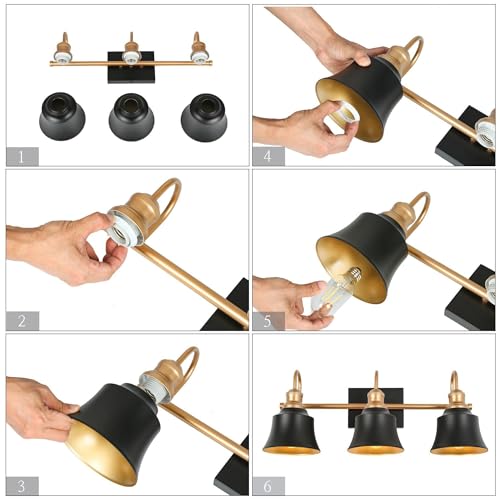 Image of KSANA Bathroom Light Fixtures, 3 Light Vanity Lighting Fixtures Over Mirror, Modern Farmhouse Vanity Lights for Bathroom, Bedroom, Matte Black and Dark Gold Finish