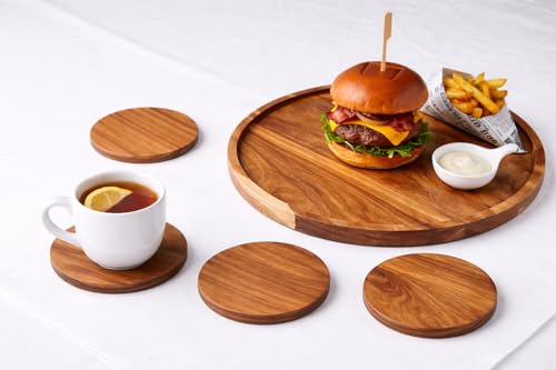 Image of Wooden Platter with 4 Tea Coasters - Elegant Serving Set for Home and Cafe