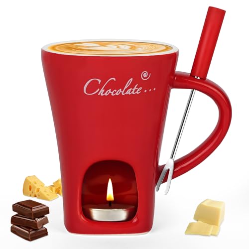 Vicloon Tazas de Fondue de Chocolate, 130 ML Taza de Fusión de Chocolate de Cerámica, Taza de Fusión de Queso con Tenedores, para Derretir Queso, Chocolates y Mantequilla (Rojo)