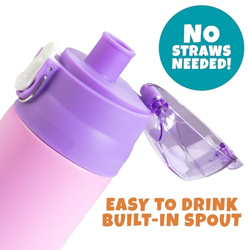 Image of Bentology Stainless Steel 13 Oz Reusable Water Bottle for Kids, Pink | Double Wall Insulated, Spill Proof Lid W /Built-in Straw- Keep Liquids Hot or Cold- Easily Fits in Lunch Boxes & Bags