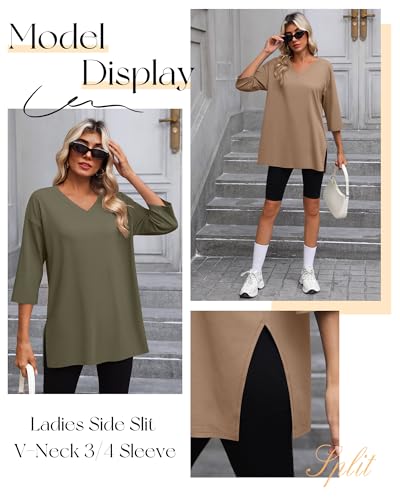 Huukeay 3 Pack Women's 3/4 Sleeve Oversized T-Shirts V Neck Knit Workout Casual Tunic Tops Side Split Loose Basic Tees3