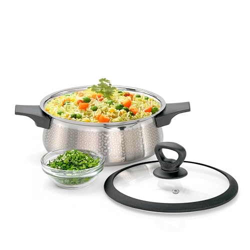 Image of Sumeet ISI Certified Stainless Steel Cook & Serve Designer Shallow Biryani Pot /Casserole with Glass Lid |Induction and Gas Compatible | Capacity - 2300ml -Dia - 21cm, Silver