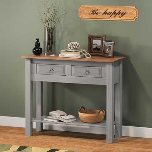 Corona Grey Wax 2 Drawer Console Table Painted Solid Wood Pine Wooden Mexican Shabby Chic Hallway Entrance Storage Display 73cm High 88cm Wide 32cm Deep