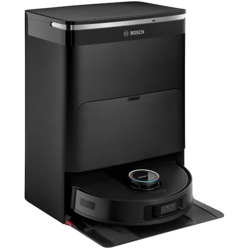 Bosch Spotless Max Cam Robot Aspirapolvere e Lavapavimenti, Potenza 11.000 Pa, Panno Rotante Estensibile, Stazione autopulente, Navigazione Smart Vision, App Home Connect, Nero