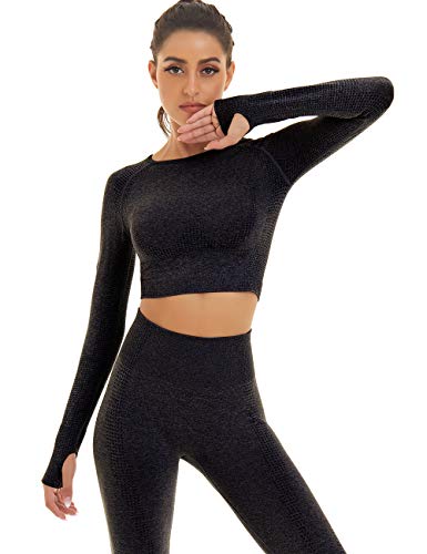 Toplook Women Seamless Workout Outfits Athletic Set Leggings + Long Sleeve Top (Black, Small)
