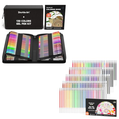 Shuttle Art Gel Pens Bundle, 130 Colors Gel Pens Set + 140 Gel Pen Refills, 7 Color Types for Kids Adults Coloring Books Drawing Doodling Crafts Scrapbooking Journaling