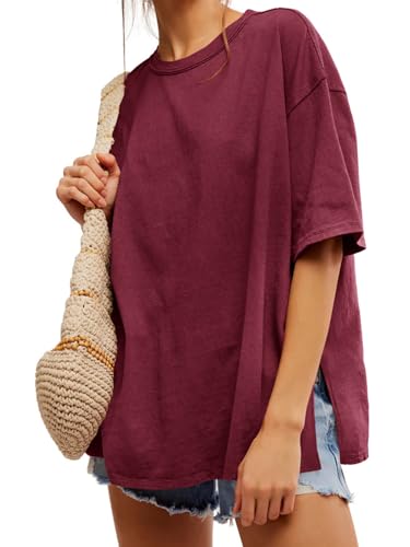 Image of Tankaneo Womens Oversized Tshirts Summer Casual Short Sleeve Crew Neck T Shirt Loose Fit Side Slit Tee Tops