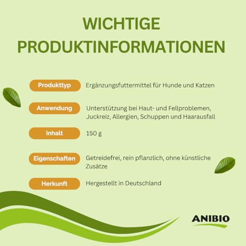 Anibio AllergoDerm 150g Haut- & Fellpflege Pulver für Hunde und Katzen – Ergänzungsfuttermittel bei Juckreiz, schuppiger Haut & Haarausfall – Getreidefrei, mit Leinsamen, Kräutern & Omega-Fettsäuren