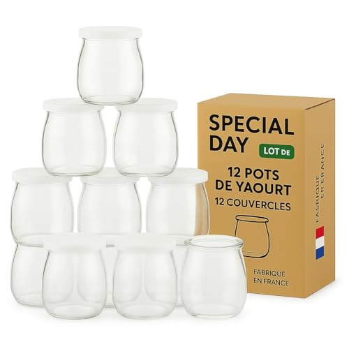 SPECIAL-DAY 12 pot de yaourt en verre avec couvercles hermetique verrine en verre pour tout yaourtièrepetit pots bebe longue conservation 125g- Lot de 12 pots avec 12 couvercles
