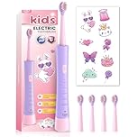 JTF Spazzolino Elettrico Bambini 3-12 Anni con 4 Testine, Timer, 5 Modalità di Pulizia, Timer Intelligente, Adesivi Personalizzabili - IPX7 Impermeabile Idea Regalo per Ragazze