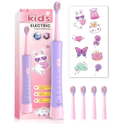 JTF Cepillo de Dientes Eléctrico Sónico para Niños 3+ Años - 5 Modos de Limpieza Sónica, 4 Cabezales, Temporizador 2 Min, IPX7 Impermeable + DIY Pegatinas Regalo para Niñas