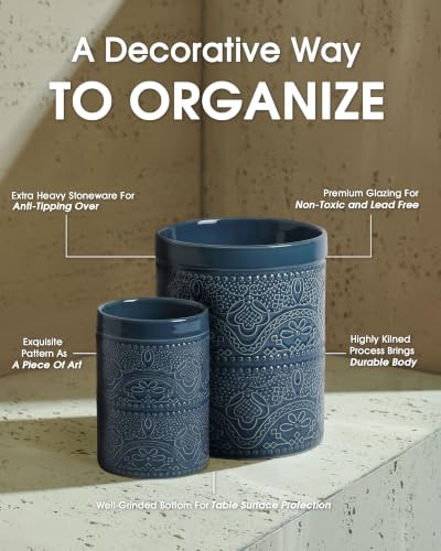 Image of FUN ELEMENTS Kitchen Utensil Holder, 7.2+5.5 inch Super Large Utensil Crock Heavy and Stable Lace Emboss Ceramic Utensil Holder for Kitchen Counter(2Pcs Grayish Blue)