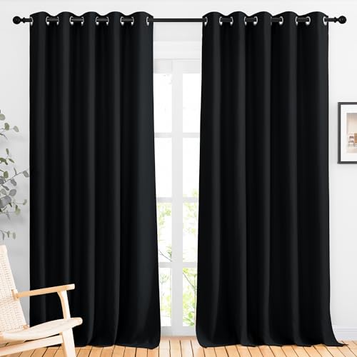 Image of NICETOWN Blackout Curtains Panels for Living Room, 2 Panels, 66 x 92 Inch, Black, 3 Pass Microfiber Noise Reducing Thermal Insulated Solid Ring Top Blackout Window Drapes
