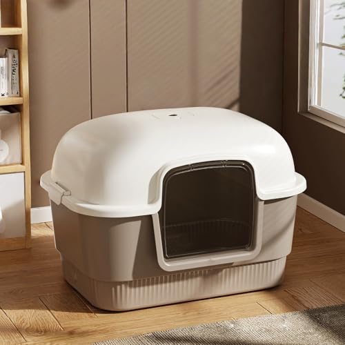 KOGB高さのあるフェンス付き、カバー付き猫用トイレ。完全密閉型。防臭、防滴、完全カバー、防臭、お手入れ簡単、ドーム型、広々としたスペース、両開きスライドドア、取り外し可能なデザイン、通気性 (ラテコーヒー,ラージ)