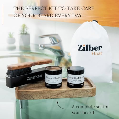Image of ZilberHaar - Beard Care Kit for Men - 1 Regular Beard Brush + 1 Beard Balm + 1 Moisturizing Cream + 1 Beard Bib - Stiff Boar Bristles and Beech Wood - Supplied in a Velvet Bag