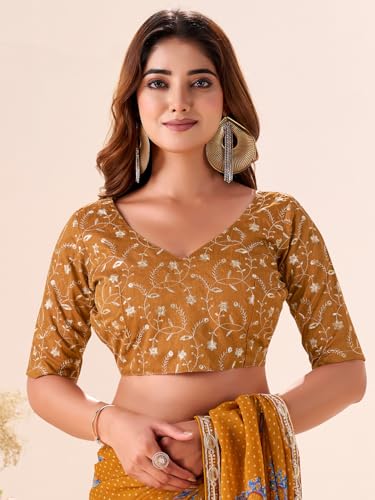 Image of AKHILAM Women's Bandhani Printed Chiffon Saree with Blouse