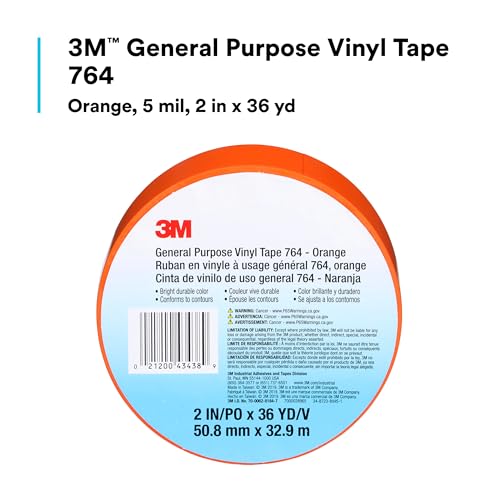 Image of 3M Vinyl Tape 764, General Purpose, 2 in x 36 yd, Orange, 1 Roll, Light Traffic Floor Marking, Social Distancing, Color Coding, Safety, Bundling