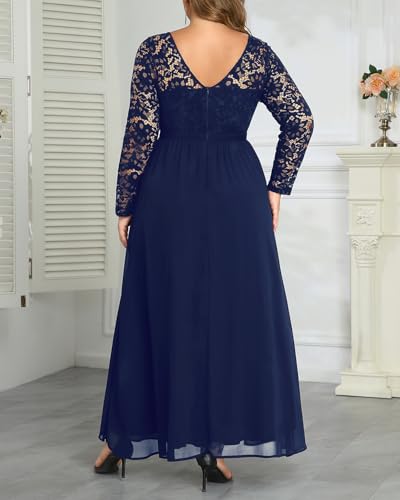 Image of Talisea Plus Size Formal Wedding Dresses - Gowns Evening Prom Elegant V Neck Long Sleeve Lace Chiffon Long Maxi Dress