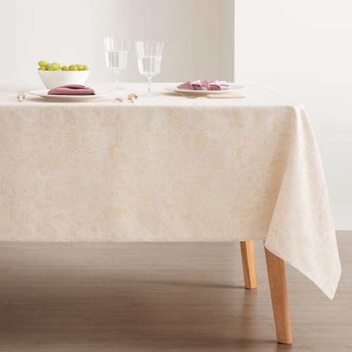 GAMUSI Tablecloth Christmas Jacquard Golden Thread Dining Table Rectangular Christmas Decoration 140 x 240 cm, Ecru - Image 2