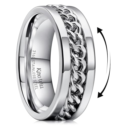 Image of King Will Black /Blue Stainless Steel 8mm Rings for Men Center Chain Spinner Ring, Size 7-14