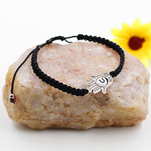 Image of Uloveido Customized A to Z 26 Letters Hand of Fatima Bracelet - Fatima Hamsa Hand Evil Eye Protection Bracelet Lucky Charm Adjustable Braided Black String